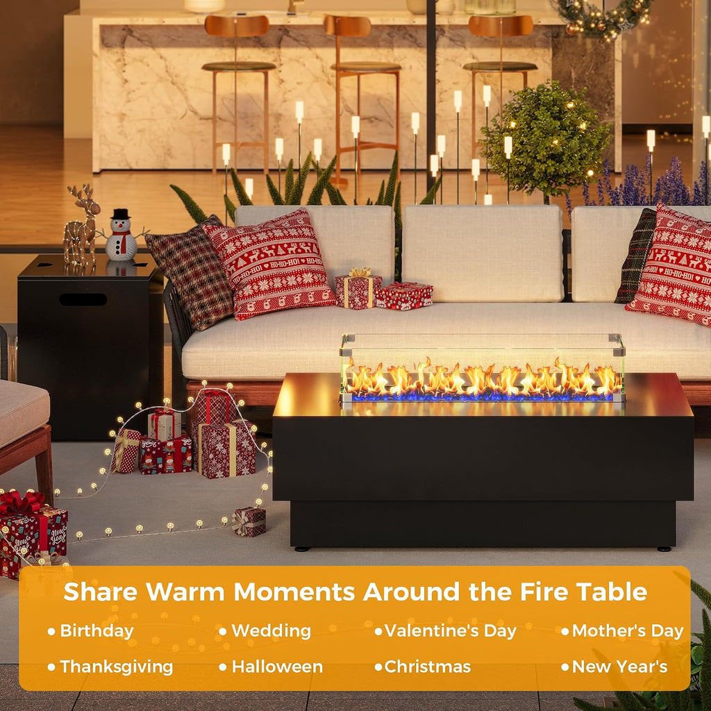 IRONCK 43-inch Outdoor Propane Fire Pit Table w Tank Table, CSA Certified, 2 in 1 Rectangular Patio Fire Pit w Glass Rocks, Wind Guard and Cover, 50000 BTU Outdoor Heater for Pool, Garden, Black