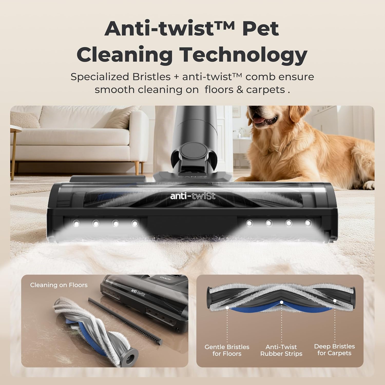 CANDY Cordless Vacuum Cleaner,65Mins Stick Vacuum Cleaners for Home,400W/190AW Powerful Suction,Anti-Tangle,LED Display,Self-Standing,One-Click Clean,Handheld,Hardwood Floor/Carpet/Pet Hair,CVS30