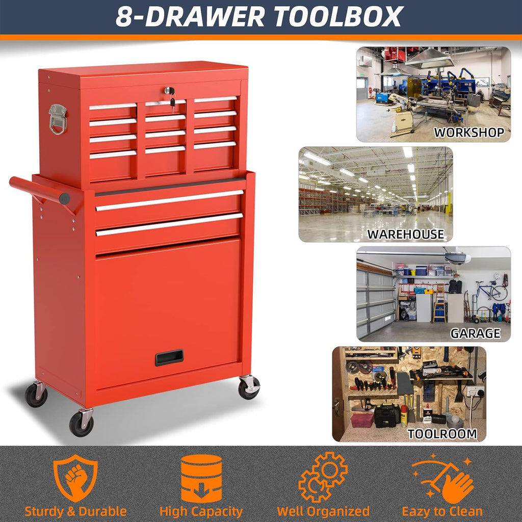 8-Drawer Rolling Tool Box, Lockable Rolling Tool Chest with Wheels and Drawers, 2 in 1 Large Capacity Storage Tool Cabinet for Warehouse, Garage, Tool Room and Repair Shop (Red)