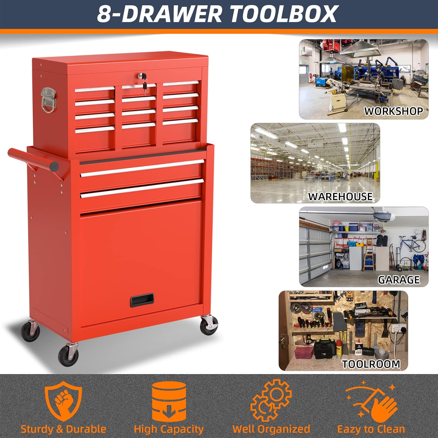 8-Drawer Rolling Tool Box, Lockable Rolling Tool Chest with Wheels and Drawers, 2 in 1 Large Capacity Storage Tool Cabinet for Warehouse, Garage, Tool Room and Repair Shop (Red)