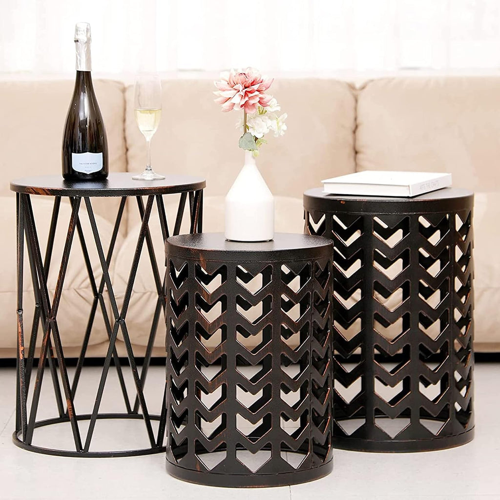 Y&M Set of 3 Heavy-Duty Round End Table, Side Table, Coffee Table for Indoor Multifunctional Use, Outdoor Decorative Garden Stool Plant Stand-Retro Black with Bronze (Ship from US)
