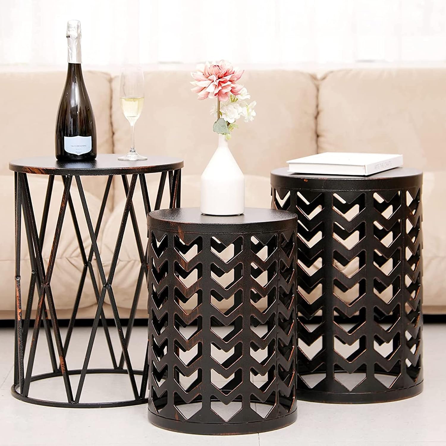 Y&M Set of 3 Heavy-Duty Round End Table, Side Table, Coffee Table for Indoor Multifunctional Use, Outdoor Decorative Garden Stool Plant Stand-Retro Black with Bronze (Ship from US)