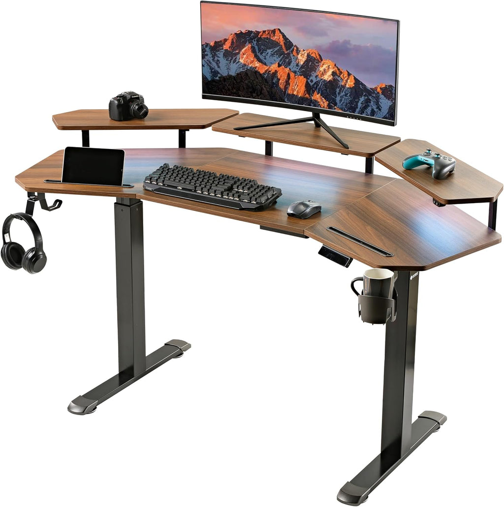 EUREKA ERGONOMIC Standing Gaming Desk with Dual Motor,63' Wing Shaped Computer Desk w Mouse Pad, Electric Adjustable Height Table w LED Monitor Stands,Slot Design,Walnut