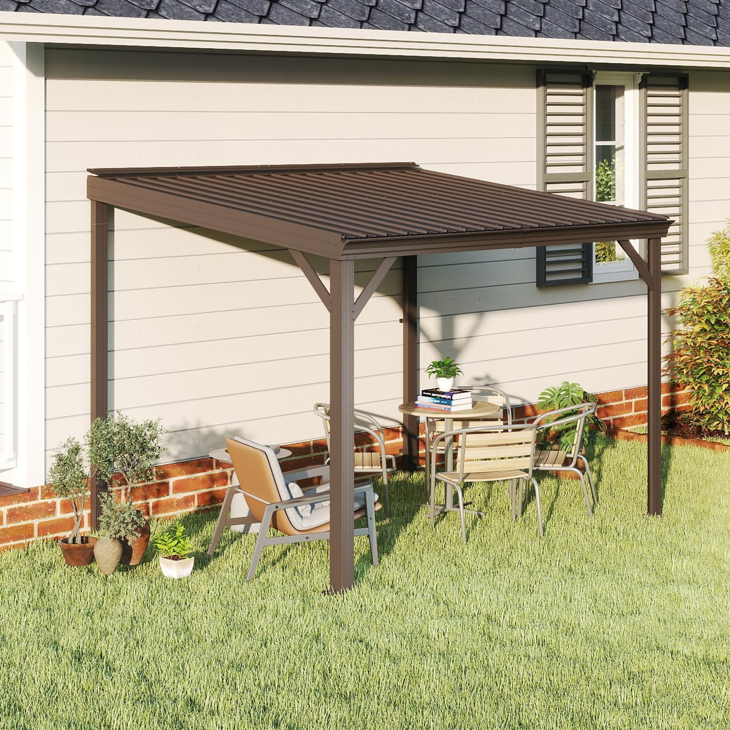 Domi 8'x10' Wall-Mounted Hardtop Gazebo Pergola – Permanent Lean-to Outdoor Shelter with Sloped Galvanized Steel Roof & Upgraded Drainage – Grey Metal Patio Cover for Backyard, Deck, Garden,Brown