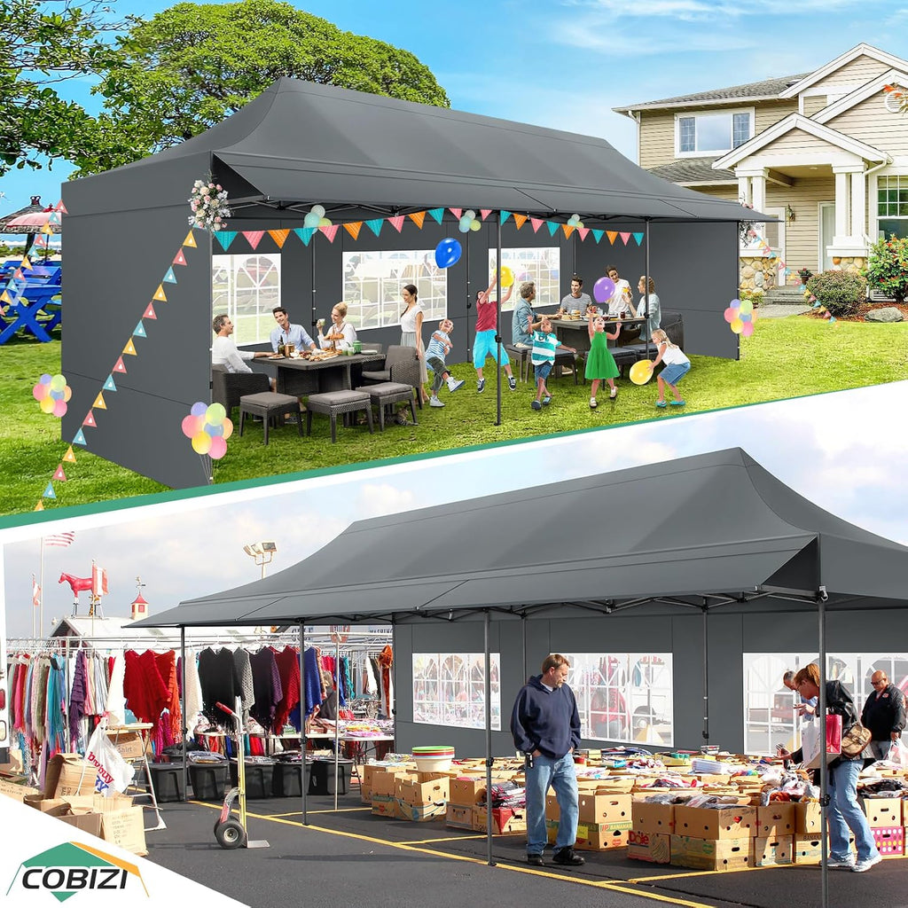 COBIZI 10x30 Pop Up Canopy Tent with Awning & Sidewalls, Heavy Duty Commercial 10X30 Canopy Tents Instant Waterproof, UPF 50+ Sun Shade for Outdoor, Parties, Markets (Gray)