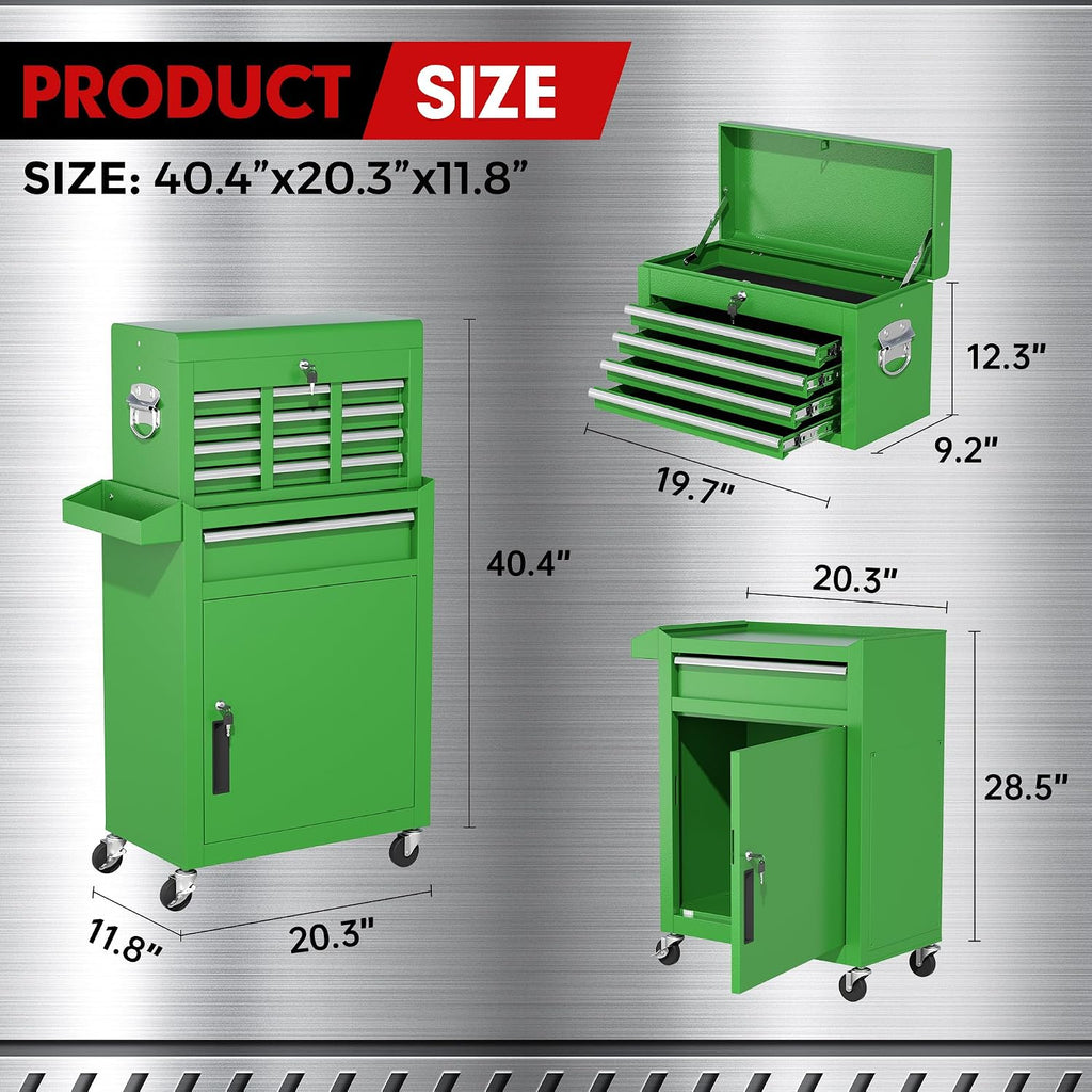 INTERGREAT Rolling Tool Chest, 5-Drawer Tool Box Organizer, Lockable Wheels & Sliding Drawers & Detachable Top, Tool Storage Cabinet for Garage Workshop (Green)