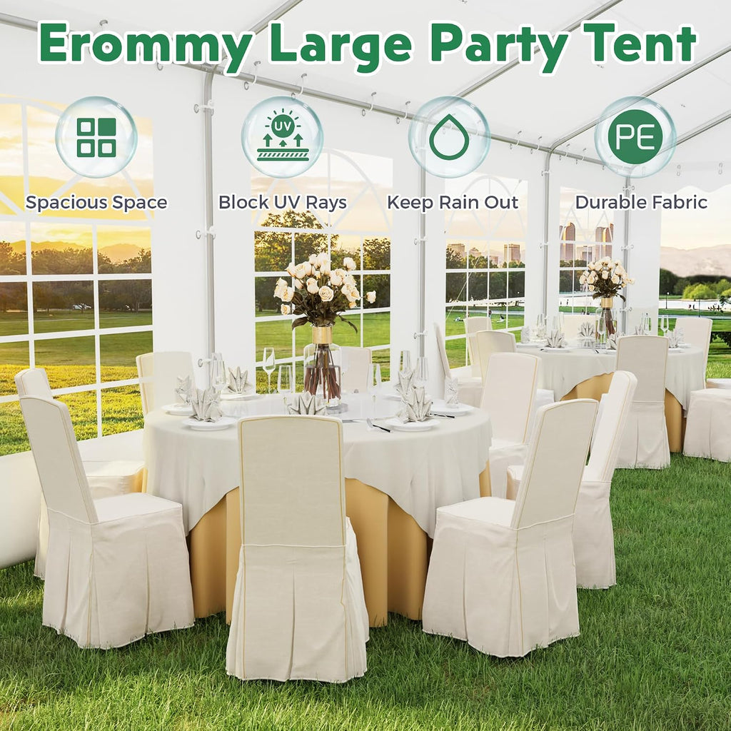 EROMMY 20x30ft Party Tent, Heavy Duty Large Wedding Canopy Outdoor Carport with 8 Removable Sidewalls, 2 Roll-up Doors, 3 Storage Bags, Gazebo Shelter Tent for Party Event Commercials, White
