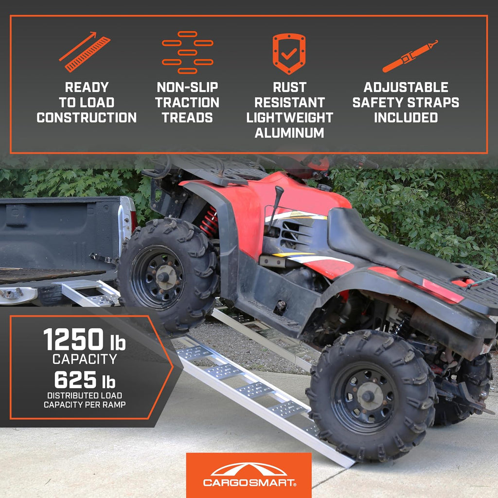 CARGOSMART Aluminum Straight Fixed Ramp with Treads (2pk) - Easily and Safely Load and Unload Light Equipment, Lawn Tractors, ATVs and More, 1,250 lb. Capacity, 12' W x 78' L