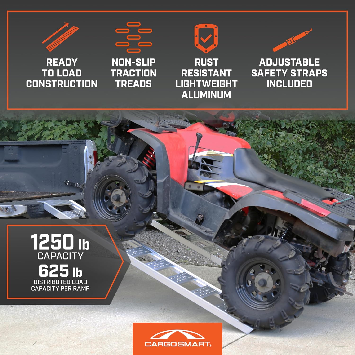CARGOSMART Aluminum Straight Fixed Ramp with Treads (2pk) - Easily and Safely Load and Unload Light Equipment, Lawn Tractors, ATVs and More, 1,250 lb. Capacity, 12' W x 78' L