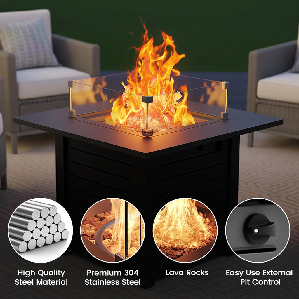 28 Inch Outdoor Propane Fire Pit,50,000 BTU Gas Fire Pit Table with Steel Lid,304 Stainless Steel H-Burner,Wind Guard,Fire Pits for Patio Deck,Black