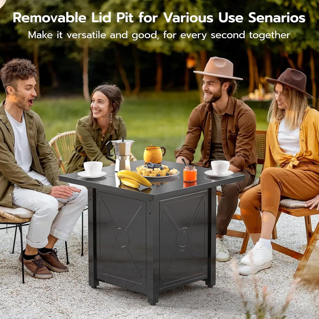 Xbeauty Propane Fire Pit Table, 28' Outdoor Gas Fire Pit Table, 40,000 BTU Auto-Ignition Fire Tables with Lid, Rain Cover and 3 Pounds Lava Stones for Outside Garden Backyard Deck Patio (Square)