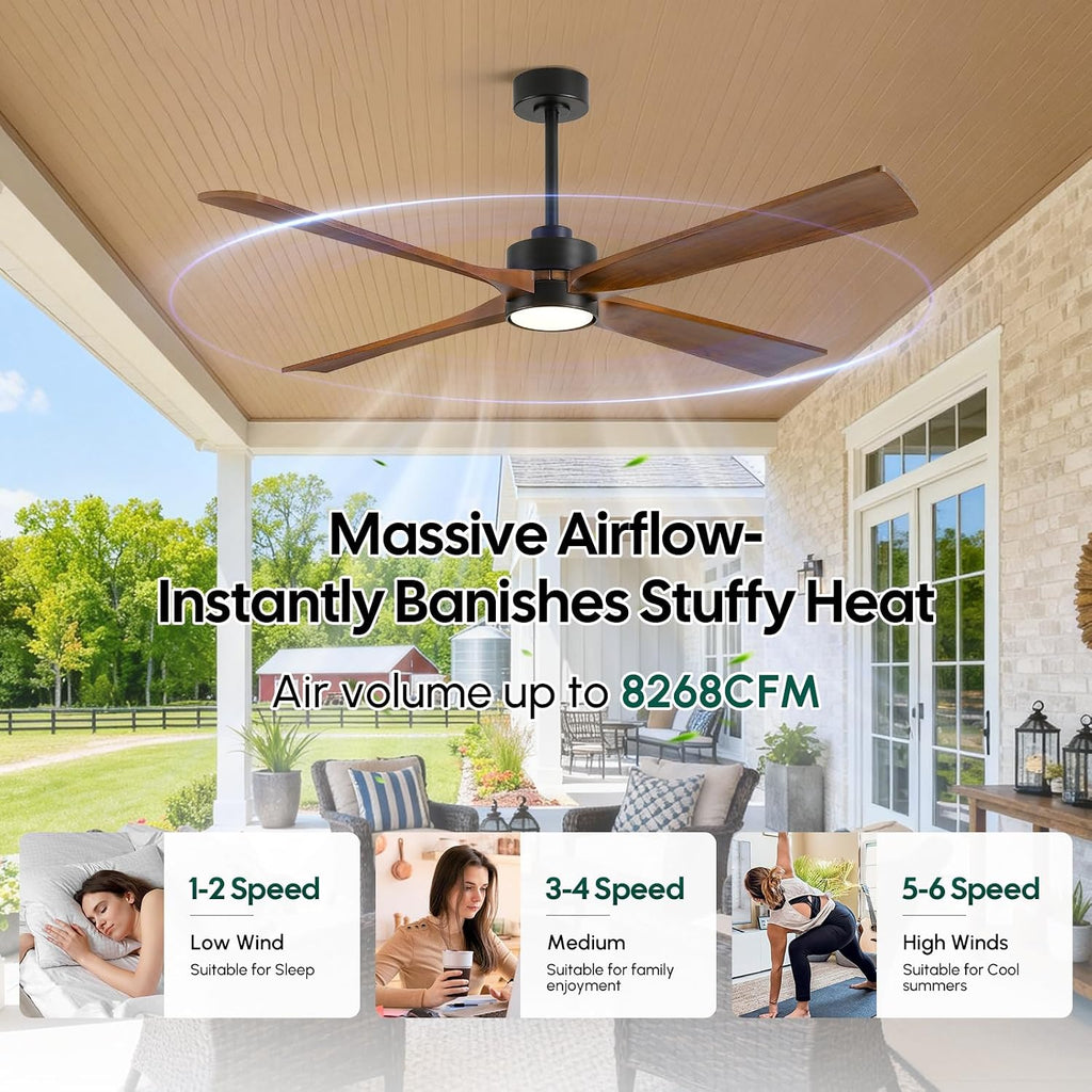 60 Inch Outdoor Smart Ceiling Fan with Lights, App/Alexa/Remote Control, High CFM Quiet Energy Efficient DC Motor, Modern Farmhouse Solid Wood Blades, Damp Rated for Covered Patio & Large Living Room