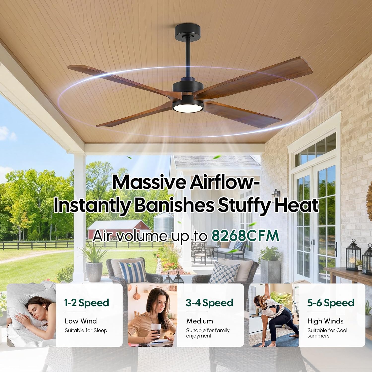 60 Inch Outdoor Smart Ceiling Fan with Lights, App/Alexa/Remote Control, High CFM Quiet Energy Efficient DC Motor, Modern Farmhouse Solid Wood Blades, Damp Rated for Covered Patio & Large Living Room