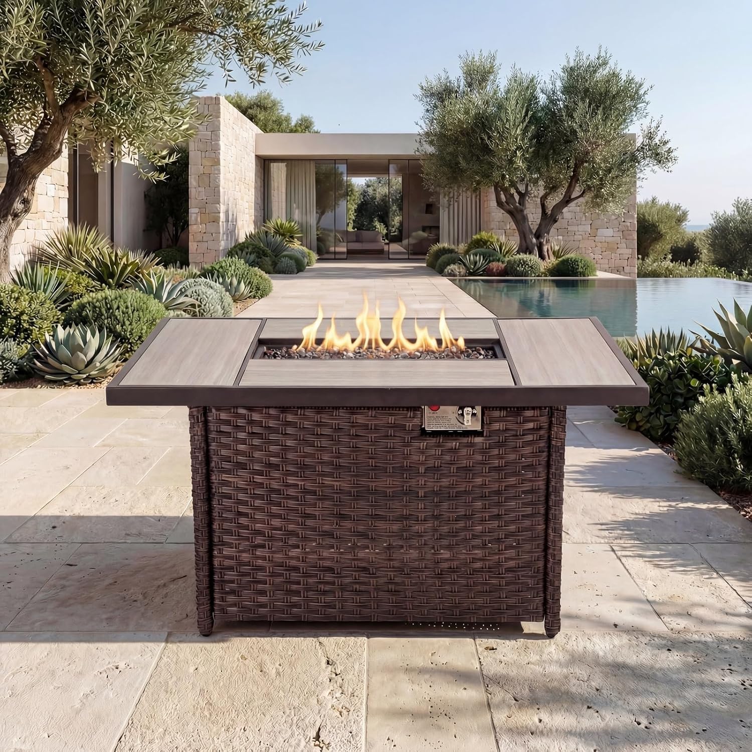 Grand Patio Outdoor 43-Inch CSA Safety Approved Gas Fire Pit Table 60,000 BTU Rectangle Propane Fire Pit with Ceramic Tile Top and Wicker Base