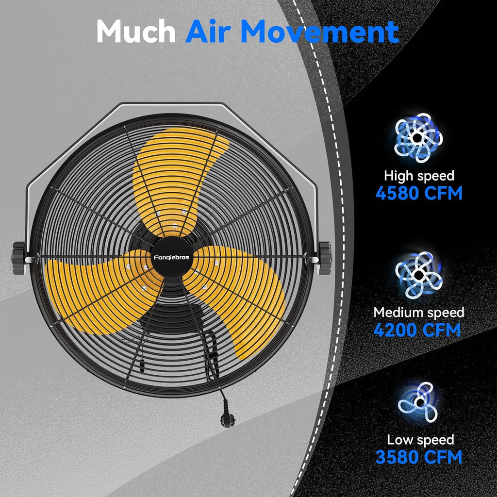 18 Inch High Velocity Wall Mounted Fan, 4580 CFM 3-Speed Metal Wall Fan with Sealed Motor, 180° Tilting Heavy Duty Industrial Fan for Patio, Garage, Barn & Gazebo, UL Listed
