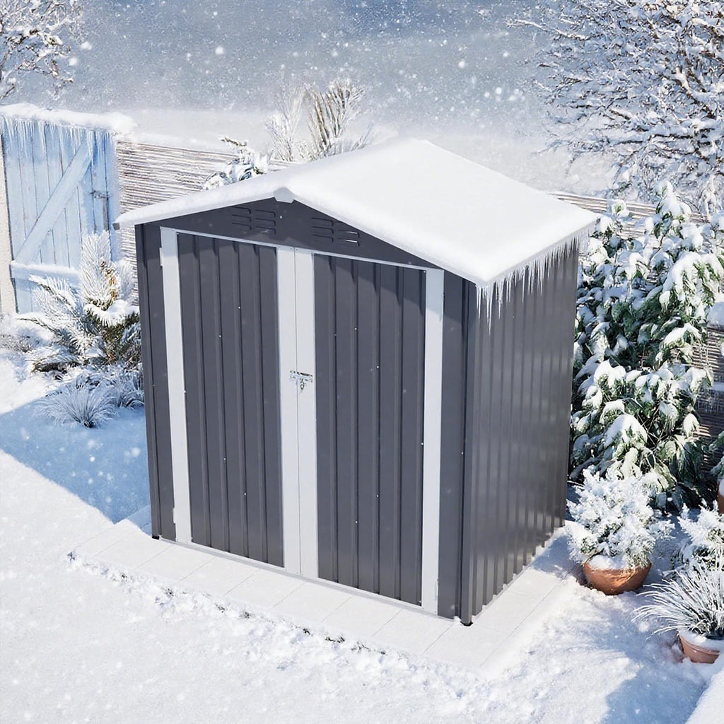 6x4 FT Shed Outdoor Storage Metal Large Garden Tool Sheds with Lockable Doors Slooping Roof Floor Frame Waterproof Steel Utility Equipment Shed for Backyard Patio Lawn Poolside, Grey