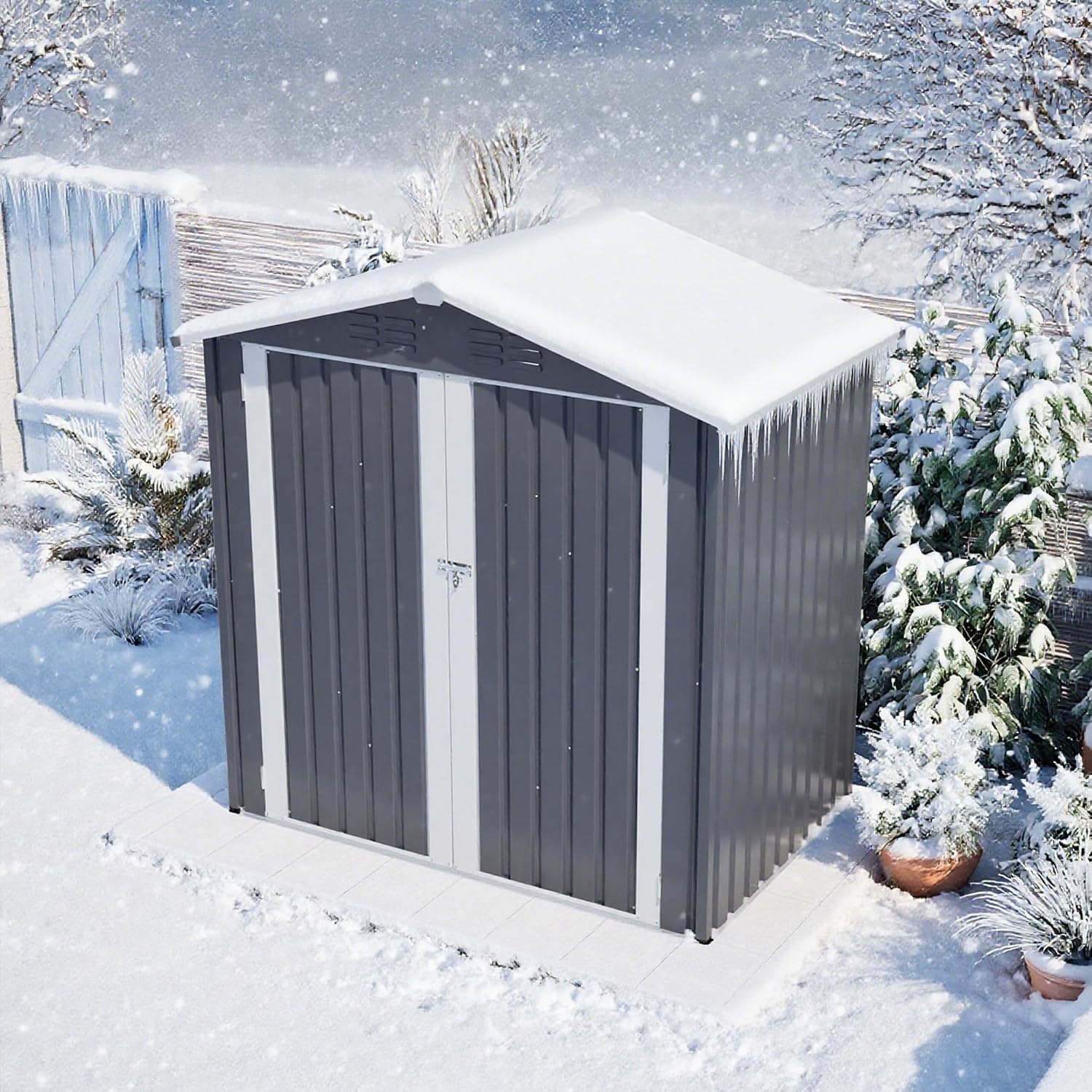 6x4 FT Shed Outdoor Storage Metal Large Garden Tool Sheds with Lockable Doors Slooping Roof Floor Frame Waterproof Steel Utility Equipment Shed for Backyard Patio Lawn Poolside, Grey