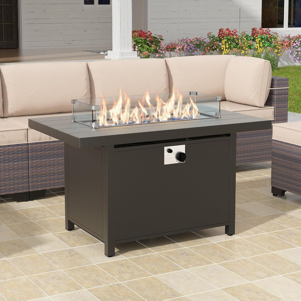 43' All Aluminum Outdoor Propane Gas Fire Pit Table with Rectangle Fire Pit Lid,55000 BTU Auto-Ignition Table Fire Pit w/Glass Wind Guard, Glass Rock for Outdoor,ETL Certified