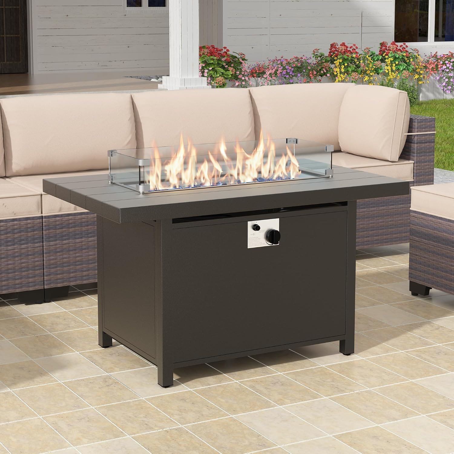 43' All Aluminum Outdoor Propane Gas Fire Pit Table with Rectangle Fire Pit Lid,55000 BTU Auto-Ignition Table Fire Pit w/Glass Wind Guard, Glass Rock for Outdoor,ETL Certified