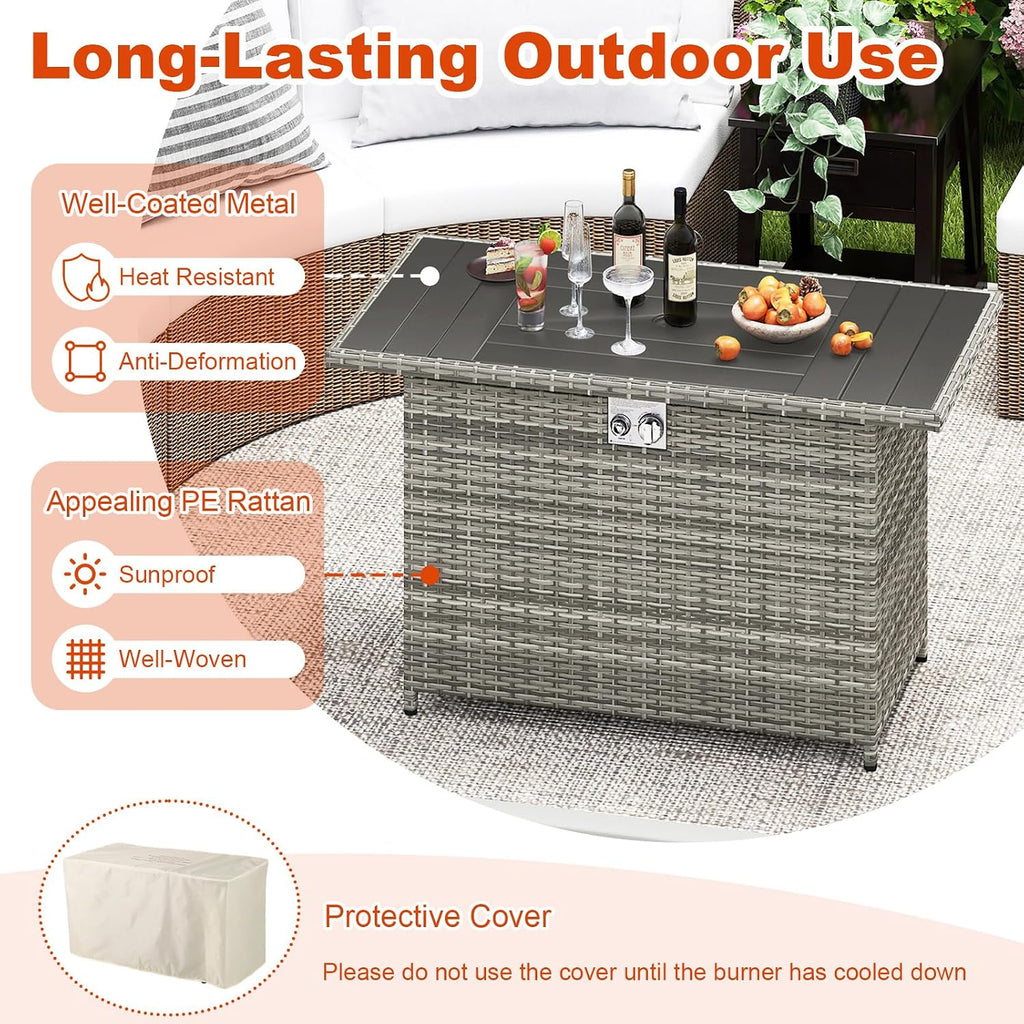 Tangkula 44.5 Inch Propane Fire Pit Table, Outdoor Rattan Gas Firepit with Metal Slatted Tabletop & Stainless Steel Burner, Rectangle Fire Pit with Lava Rocks & Protective Cover for Outside Patio