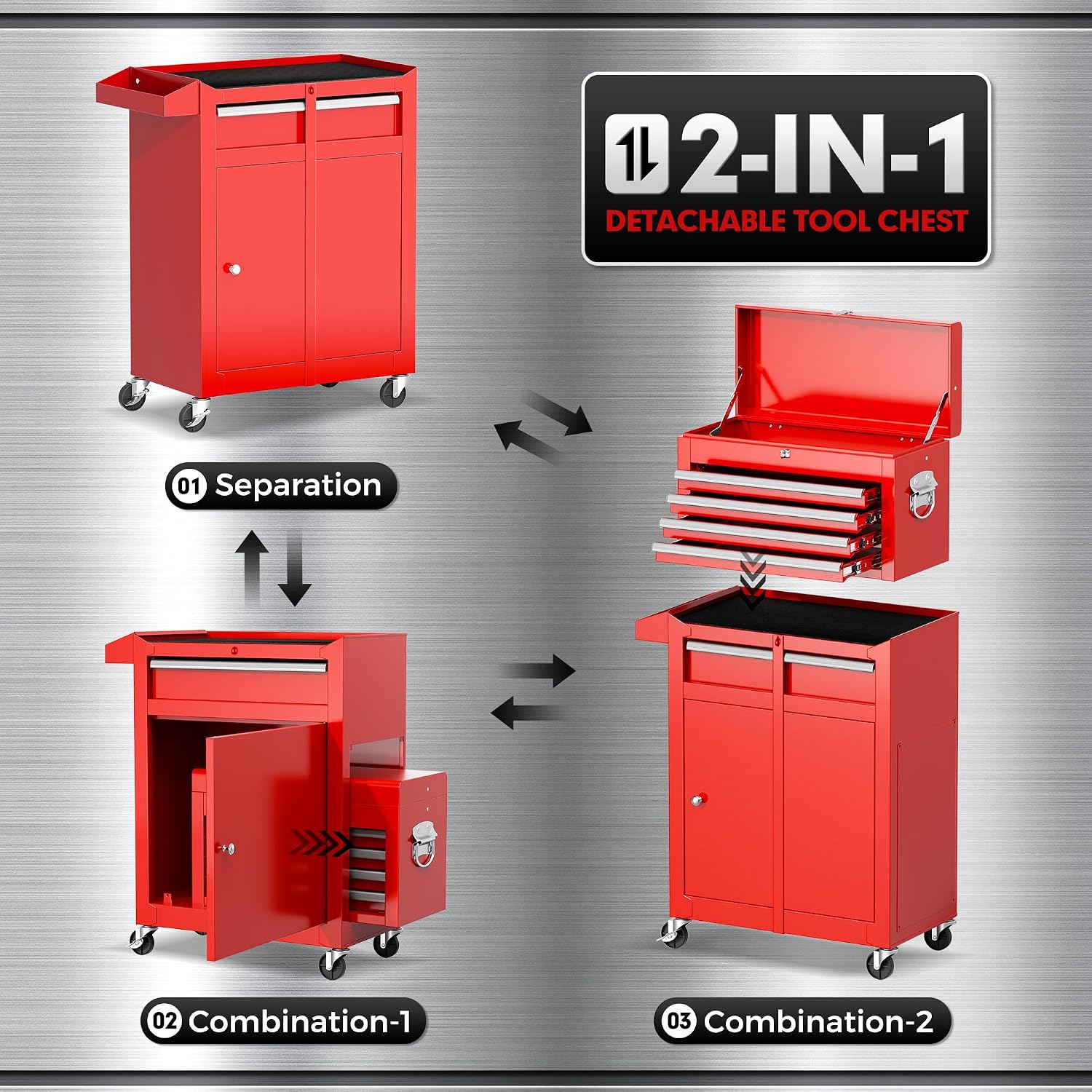 INTERGREAT 5 Drawers Tool Chest, Rolling Tool Chest with Detachable Top Tool Box, Tool Chests with Universal Lockable Wheels, Metal Tool Cart for Garage, Workshop, Barbershop, Red