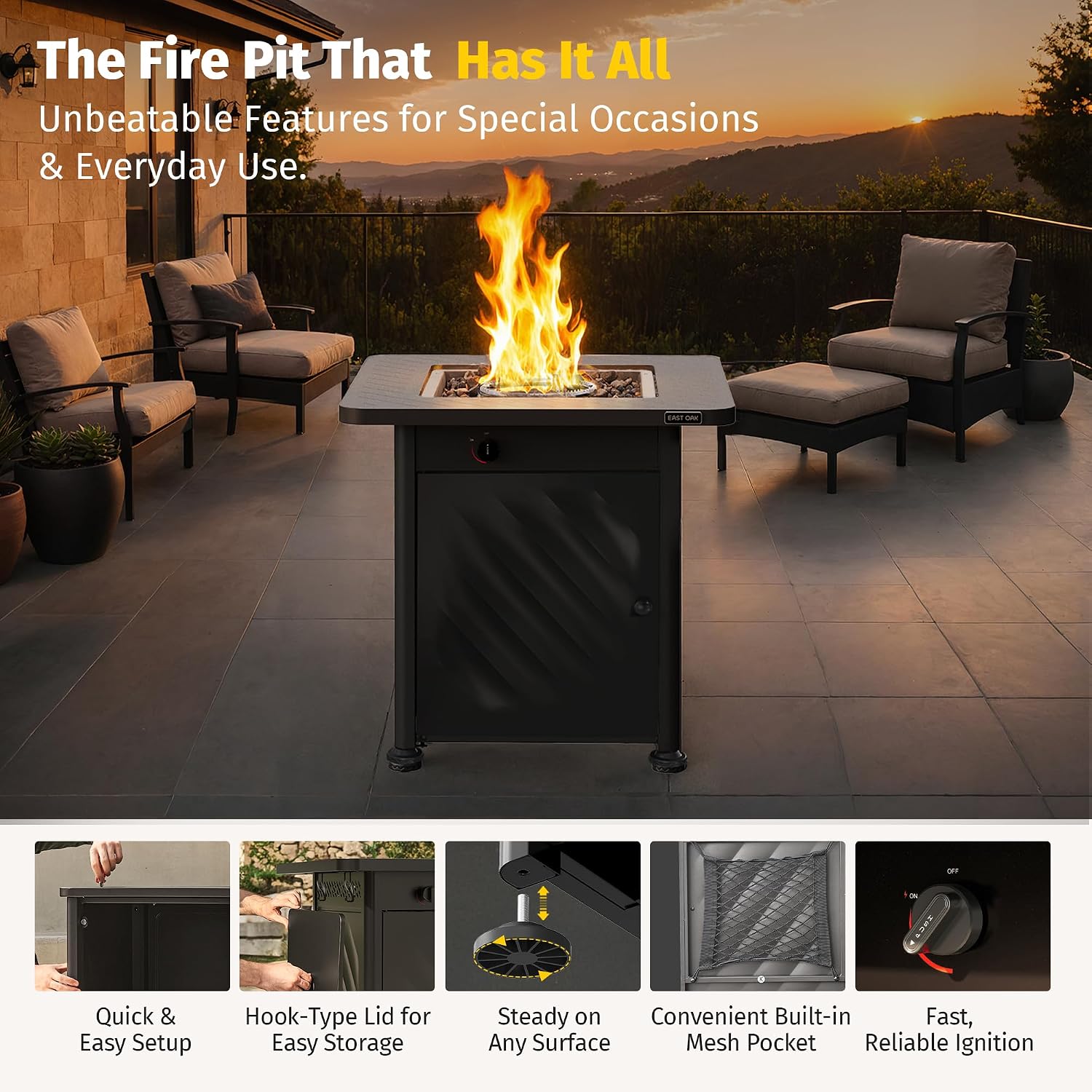 East Oak 28' Outdoor Propane Fire Pit Table | 52,000 BTU Gas Fire Pit for Outside with Easy-Hook Lid, Mesh Pocket & Lava Rocks | CSA Certified | Ideal for Patio, Garden & Backyard | Black