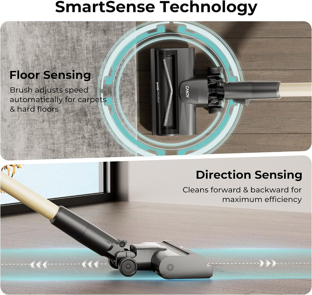 CANDY Cordless Stick Vacuum Cleaner, 650W/320AW Powerful Suction, Up to 100min, Flexi-Fold Tube, SmartSense Tech, LED Headlights, Pet Hair Pickup, Pet & Crevice Tools, for Hard Floor & Carpet, CVS60