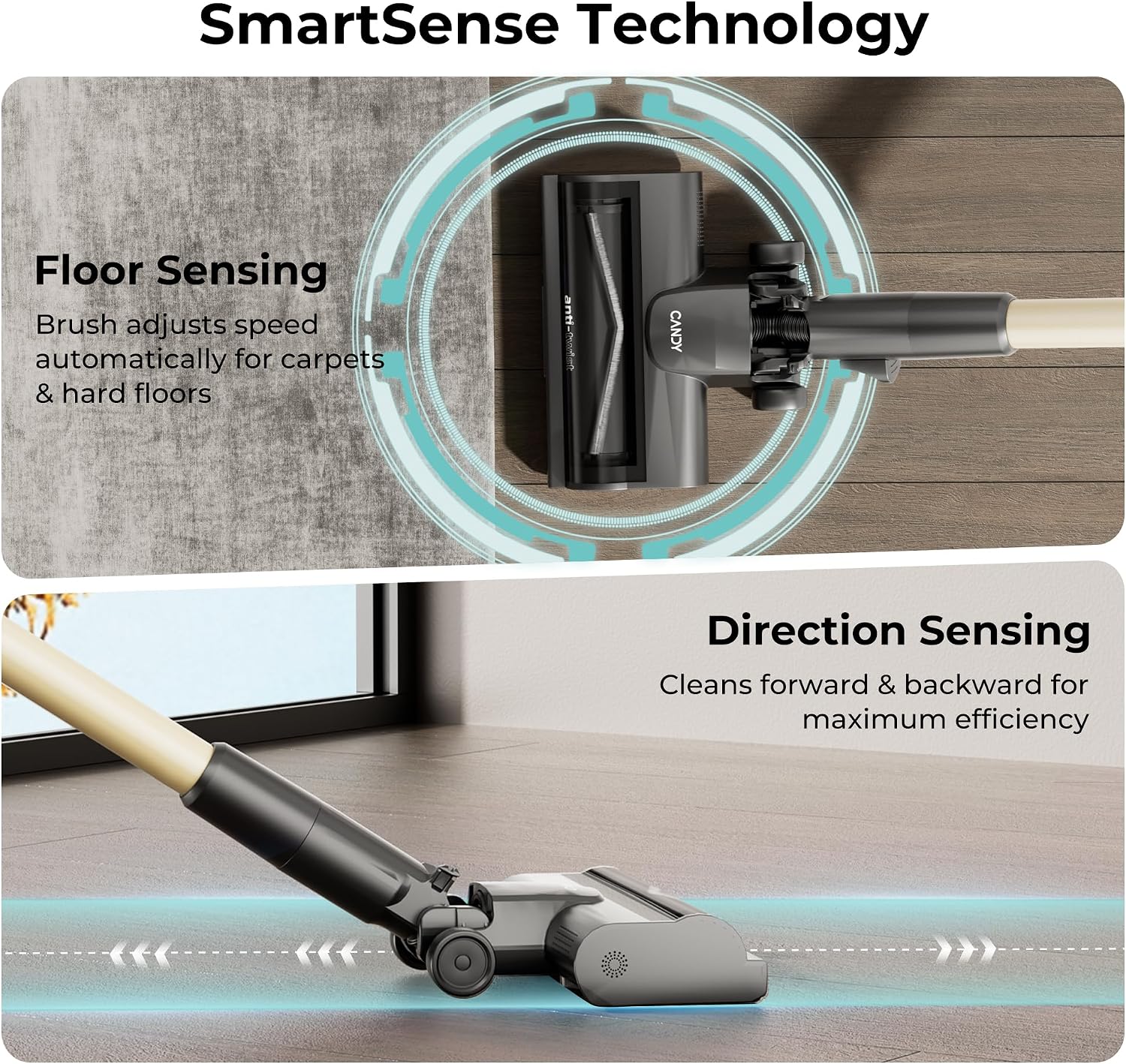 CANDY Cordless Stick Vacuum Cleaner, 650W/320AW Powerful Suction, Up to 100min, Flexi-Fold Tube, SmartSense Tech, LED Headlights, Pet Hair Pickup, Pet & Crevice Tools, for Hard Floor & Carpet, CVS60