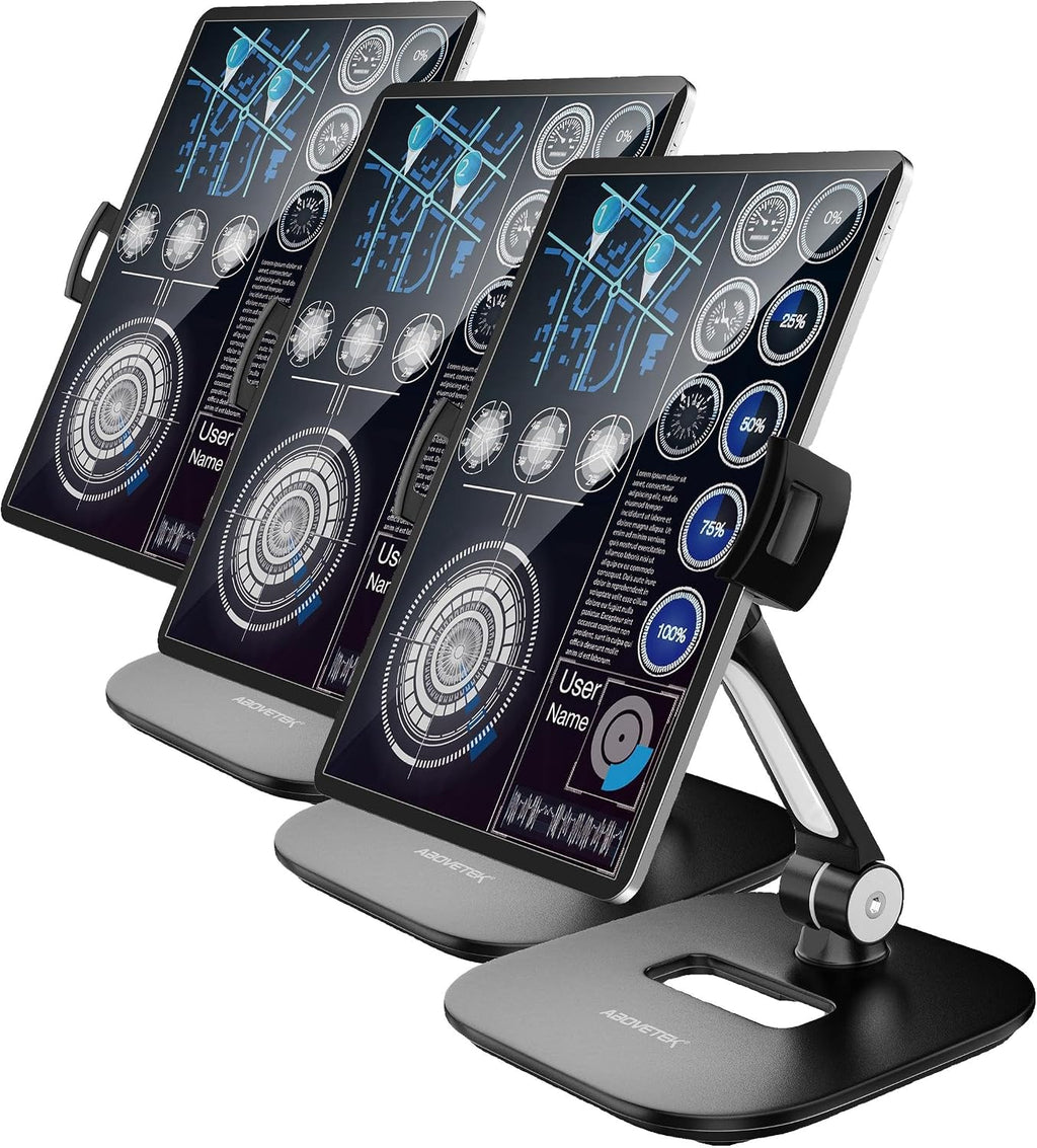 AboveTEK Tablet Stand Holder, Stylish Aluminum iPad Stands, Foldable 360° Swivel Table Stand Holder fits 4-11' Tablets/Smartphones for Kitchen Bedside Office POS Showroom Reception (Black) (Pack of 3)
