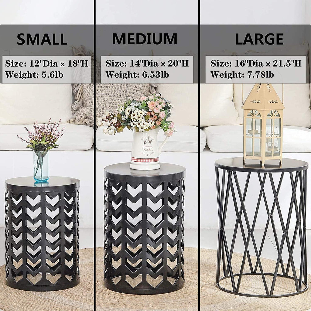 Y&M Set of 3 Black End Tables, Nesting Metal Round Coffee Table, Heavy Duty Meta Plant Stand Decorative Garden Stool, Outdoor Multifunctional Use