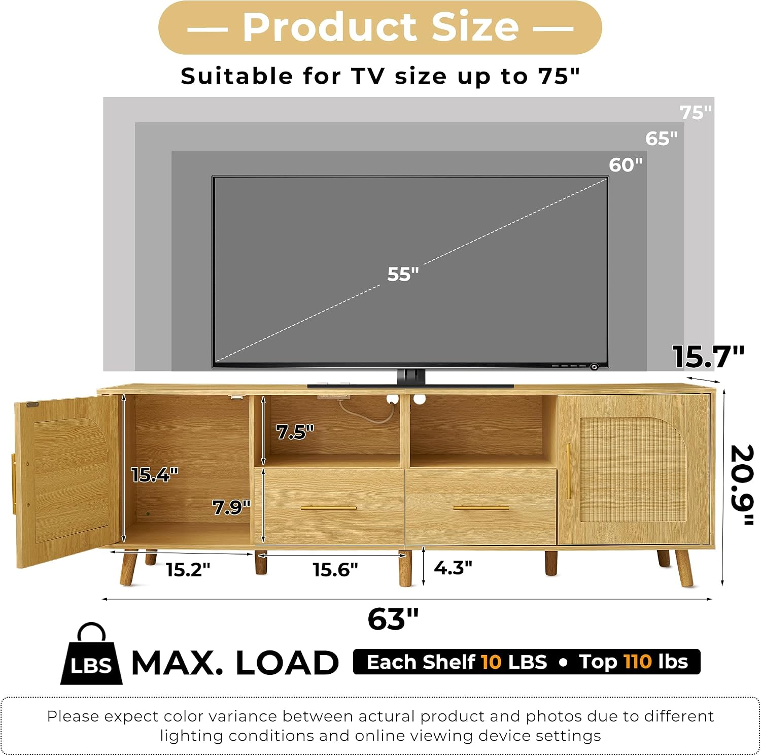TV Stand for 70 Inch TV, 63' Modern Fluted TV Stand with Outlet, 2 Drawers & Cabinets, Entertainment Center with Open Shelves, Minimalist TV Stands for Living Room (Natural Wood)