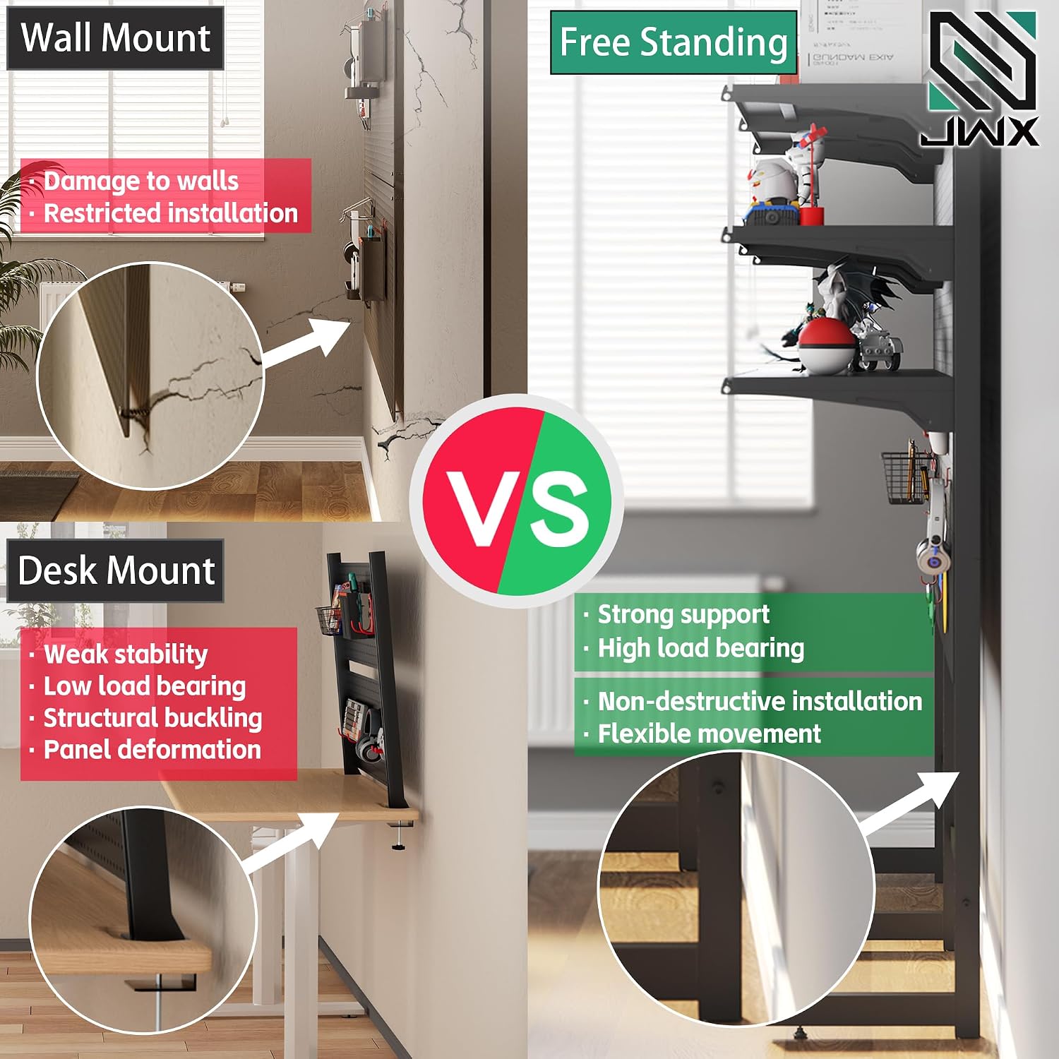 JWX DDB Gaming Standing Shelf Units, 30'' Free Standing Gaming Shelf Pegboard Cabinet with Home Office Metal Pegboard and 15 Pieces Organizer Tool Holders