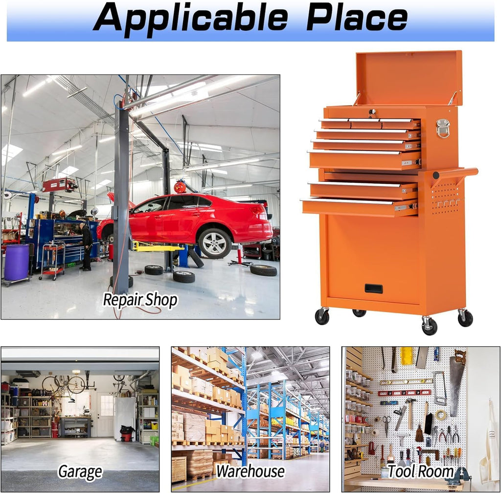 8 Drawer Rolling Tool Chest, High Capacity Tool Box with Lockable Wheels and Drawers, 2 in 1 Portable Toolbox Organizer Storage Cabinet For Garage, Warehouse, Repair Shop, Orange