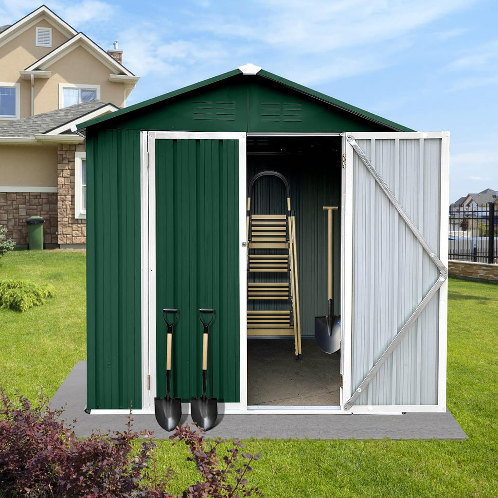 Shed with Windows,Large Metal Outdoor Storage Shed, Lockable Tool Storage shed, Steel Garden shed, Suitable for Backyard, Terrace, and Poolside (Roof Green+White, 6FTx4FT)