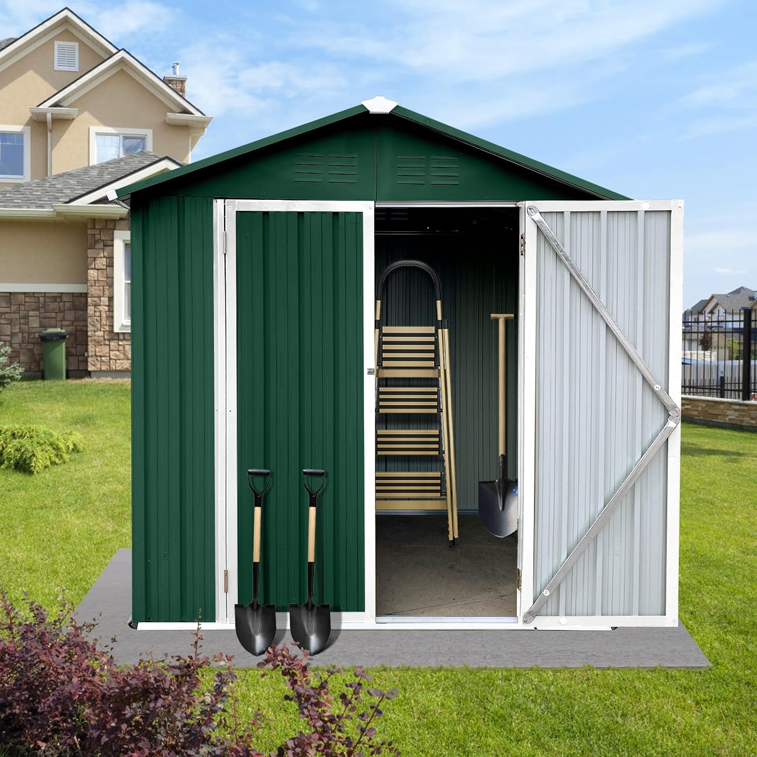 Shed with Windows,Large Metal Outdoor Storage Shed, Lockable Tool Storage shed, Steel Garden shed, Suitable for Backyard, Terrace, and Poolside (Roof Green+White, 6FTx4FT)