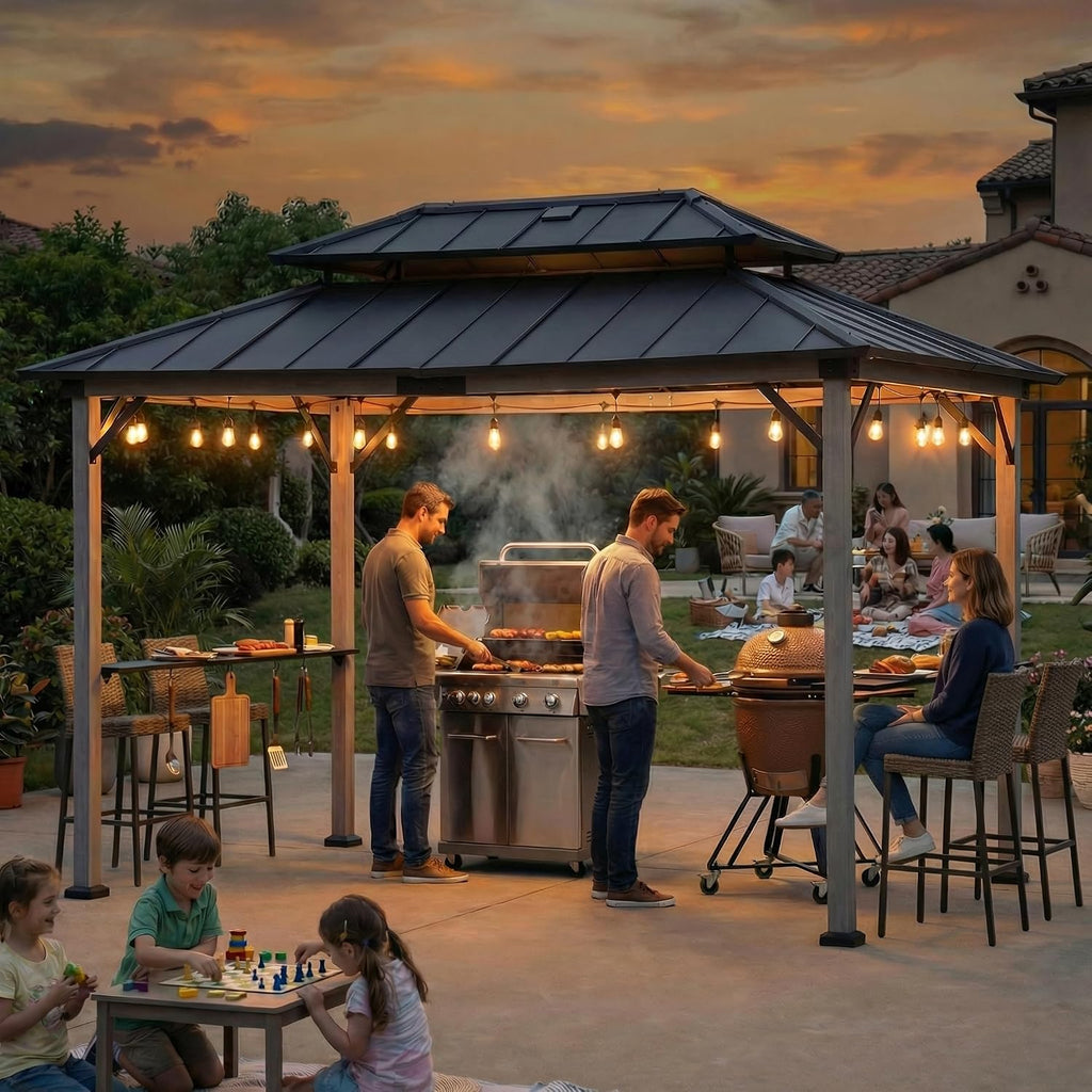 Sunjoy Wooden Grill Gazebo, 8 x 12 ft. Steel Hardtop Gazebo with Solar Power for Year-Round Grilling - 2 Full Size Grills, Griddles or Smokers - Outdoor Cooking Shelter for Backyard BBQs Party, Black