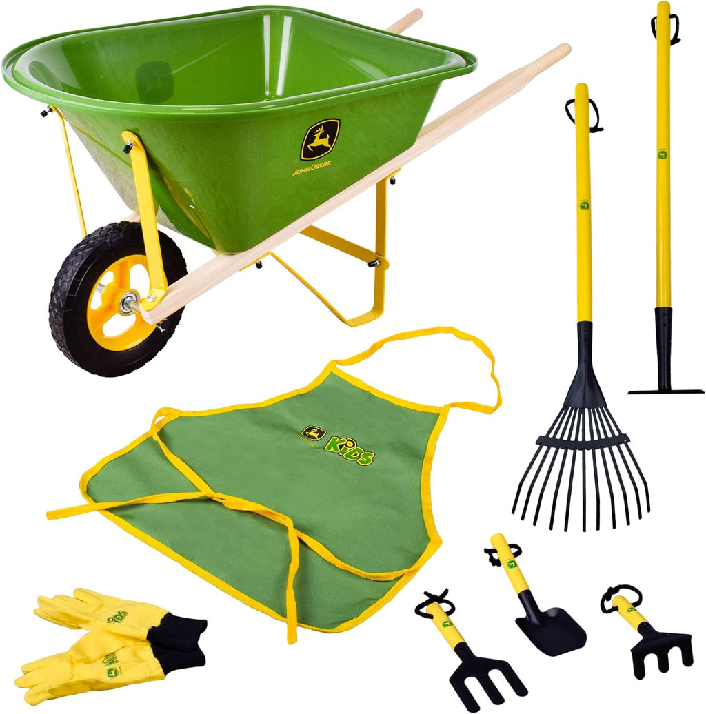 John Deere Deluxe 34' Wheelbarrow and Garden Set Includes 5 Realistic Gardening Tools,Gardening Apron, Gardening Gloves, Large Metal Wheelbarrow with Wooden Handles, Outdoor Toy Ages 5+