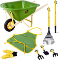 John Deere Deluxe 34' Wheelbarrow and Garden Set Includes 5 Realistic Gardening Tools,Gardening Apron, Gardening Gloves, Large Metal Wheelbarrow with Wooden Handles, Outdoor Toy Ages 5+