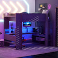 SOFTSEA Full Size Gaming Loft Bed with Desk, Wood Loft Bed with USB Ports, LED Lights, Gaming Lofts Bed with Multi-Storage Shelves & Under-Bed Space for Adults Kids Teens, No Noise, Gray