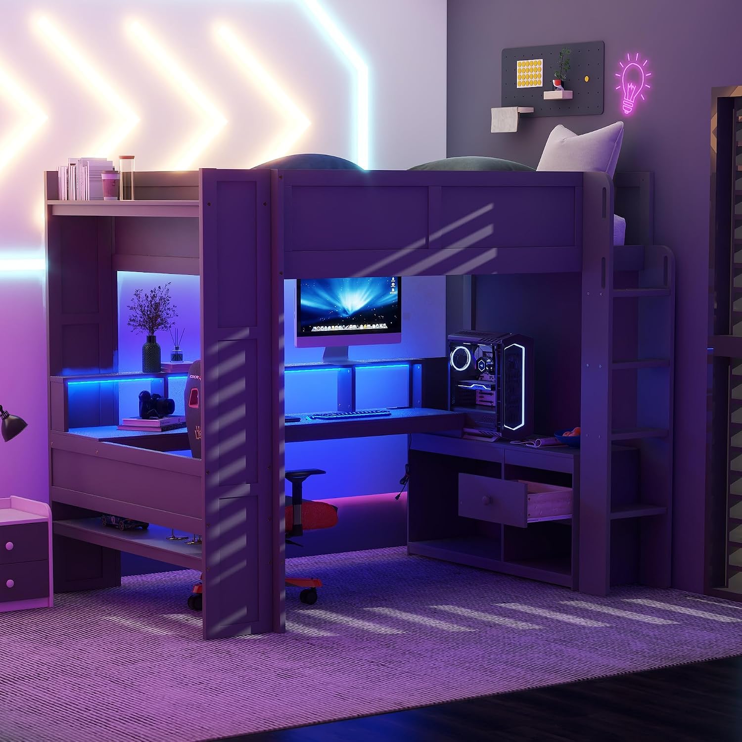 SOFTSEA Full Size Gaming Loft Bed with Desk, Wood Loft Bed with USB Ports, LED Lights, Gaming Lofts Bed with Multi-Storage Shelves & Under-Bed Space for Adults Kids Teens, No Noise, Gray
