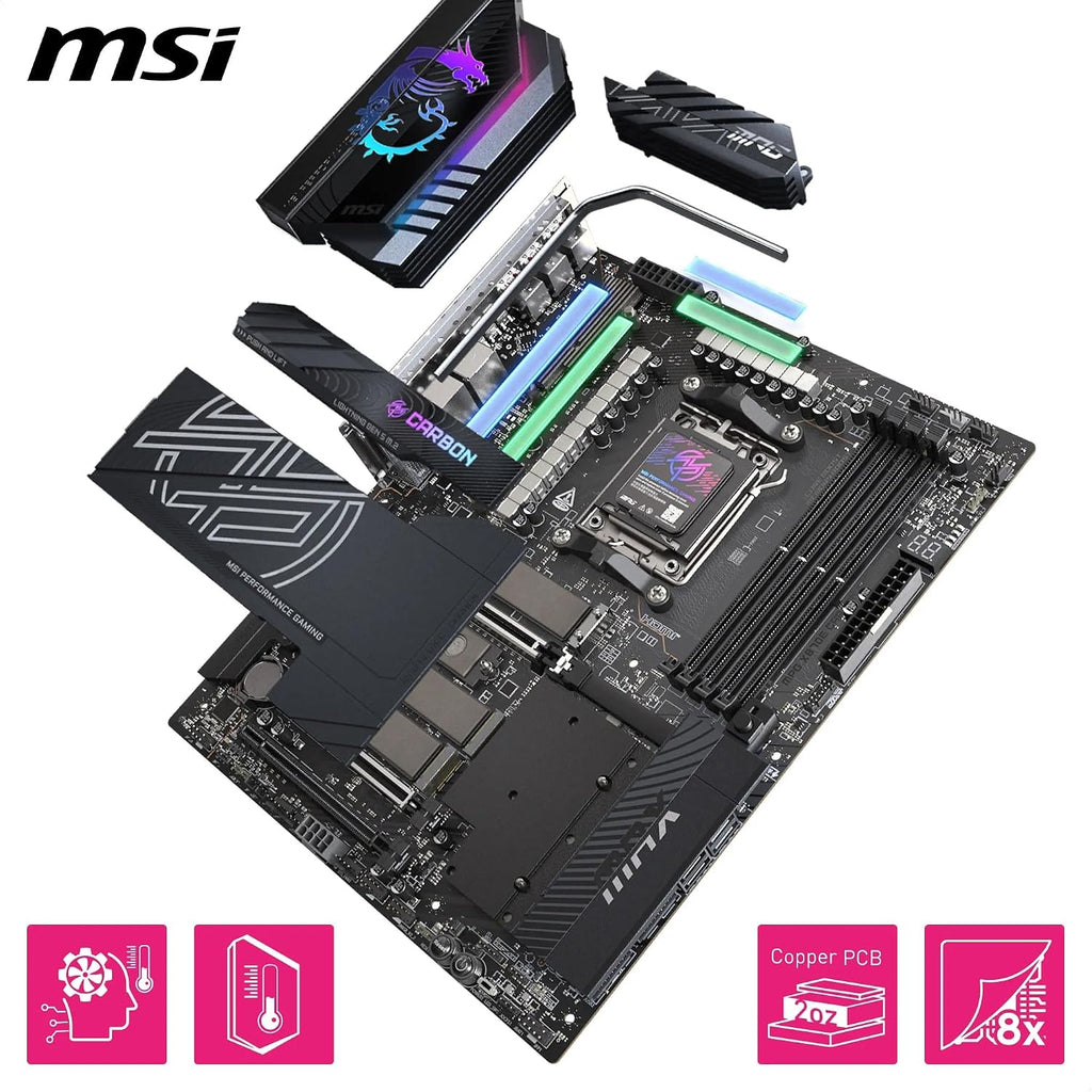 MSI MPG X870E Carbon MAX WiFi Motherboard, ATX - Supports AMD Ryzen 9000/8000 / 7000 Processors, AM5-64MB BIOS ROM, 110A SPS VRM, DDR5 Memory Boost 8400+MT/s (OC), PCIe 5.0 x16, M.2 Gen5