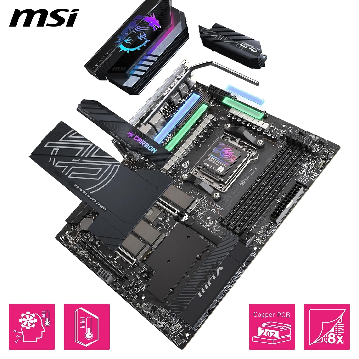 MSI MPG X870E Carbon MAX WiFi Motherboard, ATX - Supports AMD Ryzen 9000/8000 / 7000 Processors, AM5-64MB BIOS ROM, 110A SPS VRM, DDR5 Memory Boost 8400+MT/s (OC), PCIe 5.0 x16, M.2 Gen5