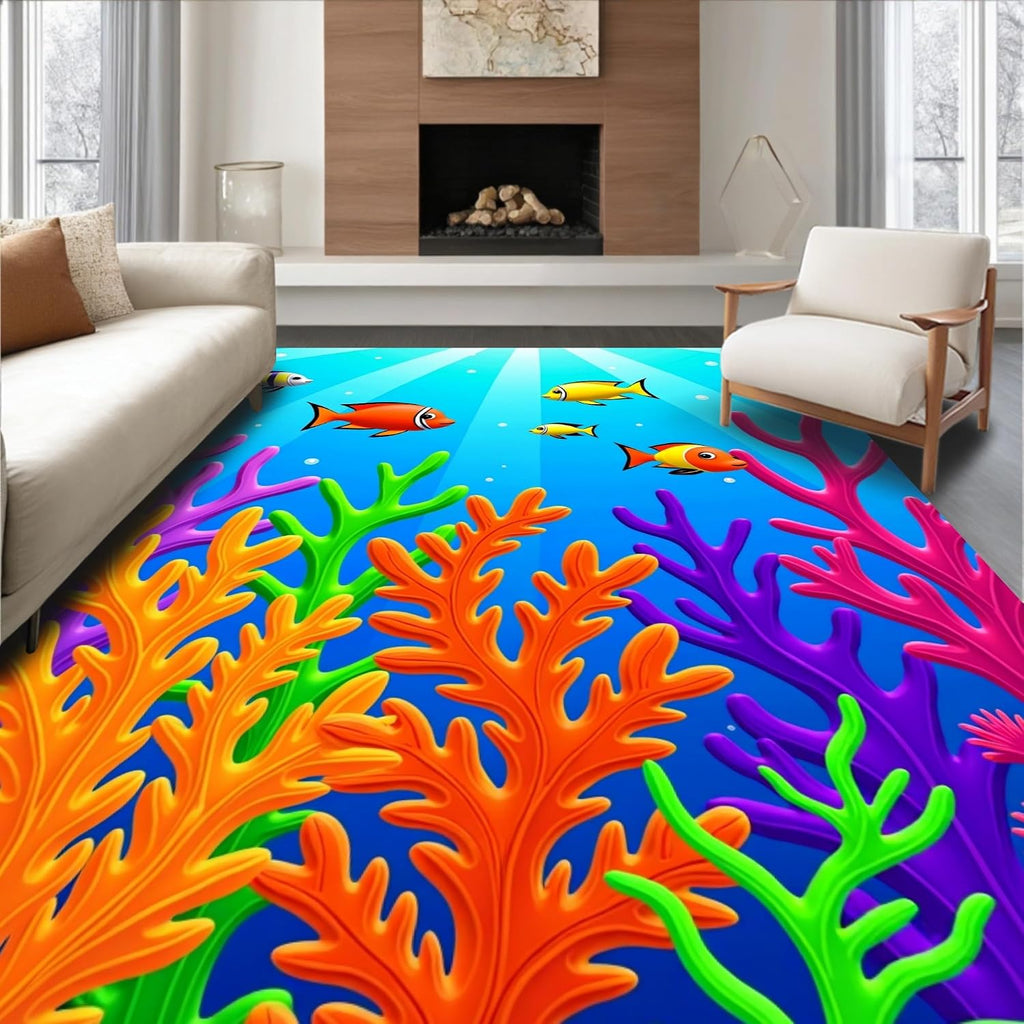 Design&I Low Pile Flatwoven Area Rug 5x7, Tropical Fish Coral Reef Marine Life Seascape, Machine Washable, Stain Resistant Indoor Rug for Living Room, Bedroom, Non Slip(Blue, 5x7, Pad)