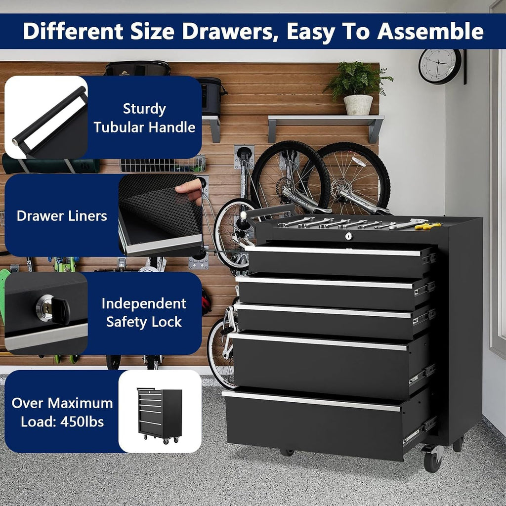 Tool Chest with Wheels, 4 Drawer Rolling Tool Storage Cabinet Cart, Portable Toolbox Organizer with Locking System, Drawer Liners for Garage, Workshop, Shop, Mechanic, Black