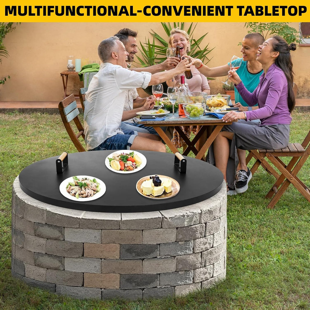 G GOOD GAIN Firepit Lid Round 38 Inch - Rust Resistant Fire Pit Lid Cover with Wooden Handle & Gloves, Fire Pit Snuffer Lid for Courtyards, Patio, Winter Cold Protection. Fits Fire Pits Up to 36'
