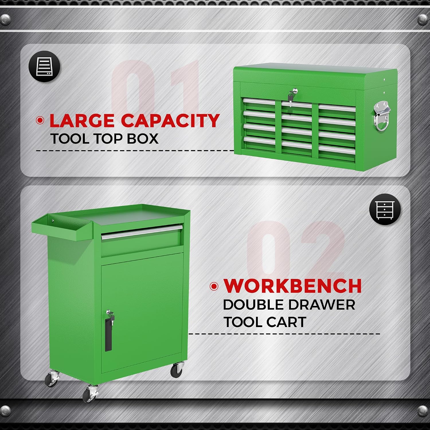 INTERGREAT Rolling Tool Chest, 5-Drawer Tool Box Organizer, Lockable Wheels & Sliding Drawers & Detachable Top, Tool Storage Cabinet for Garage Workshop (Green)