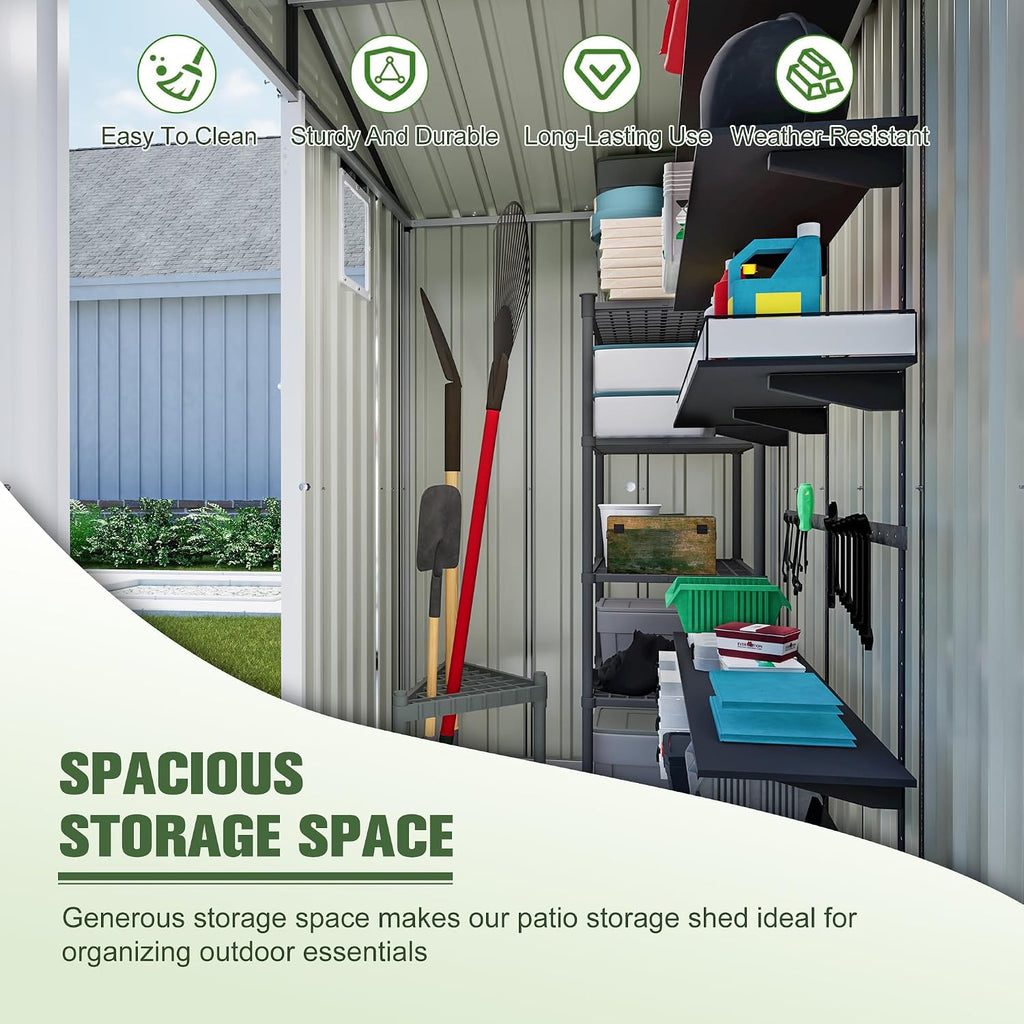 6x4 FT Shed Outdoor Storage Metal Large Garden Tool Sheds with Lockable Doors Gable Roof Window Waterproof Utility Equipment Sheds for Backyard Patio Lawn, Grey (No Floor Frame)