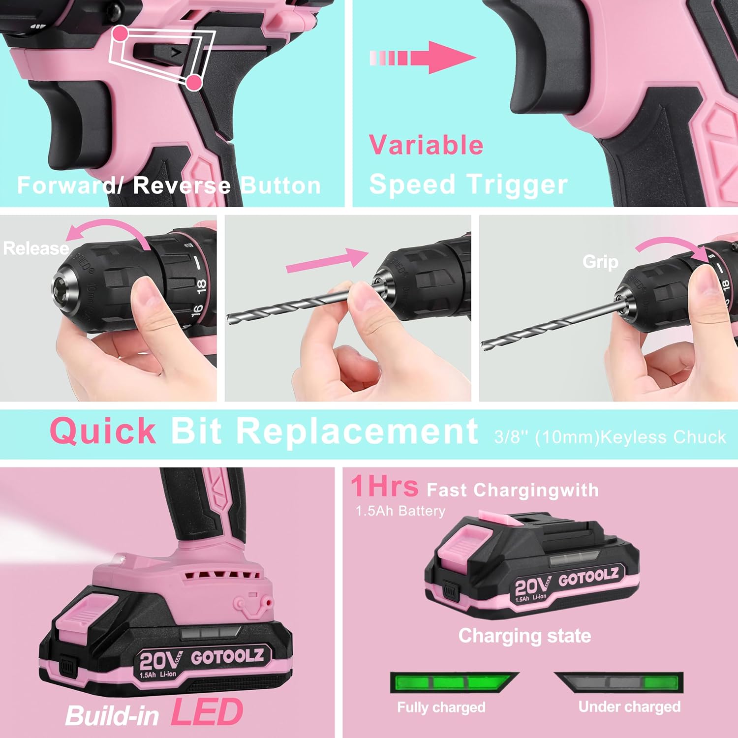 Cordless Drill Set, 293-Piece Household Tool Kit with 20V Electric Drill, Power Drill Sets Repairing Kit, Electric Screwdriver Driver Tool Kit for Home Maintenance, DIY and Crafts(Pink 2026)