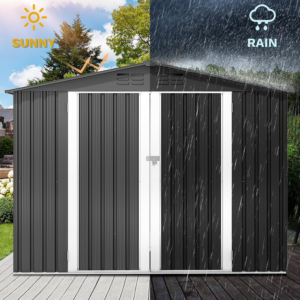 DWVO 8x6FT Outdoor Storage Shelter, Roomy Steel Tool Shed with Secure Entrances & Air Circulation for Patio, Lawn, and Backyard, Ideal for Storing Garden Gear, Lawn Tools, and Bikes, Dark Gray