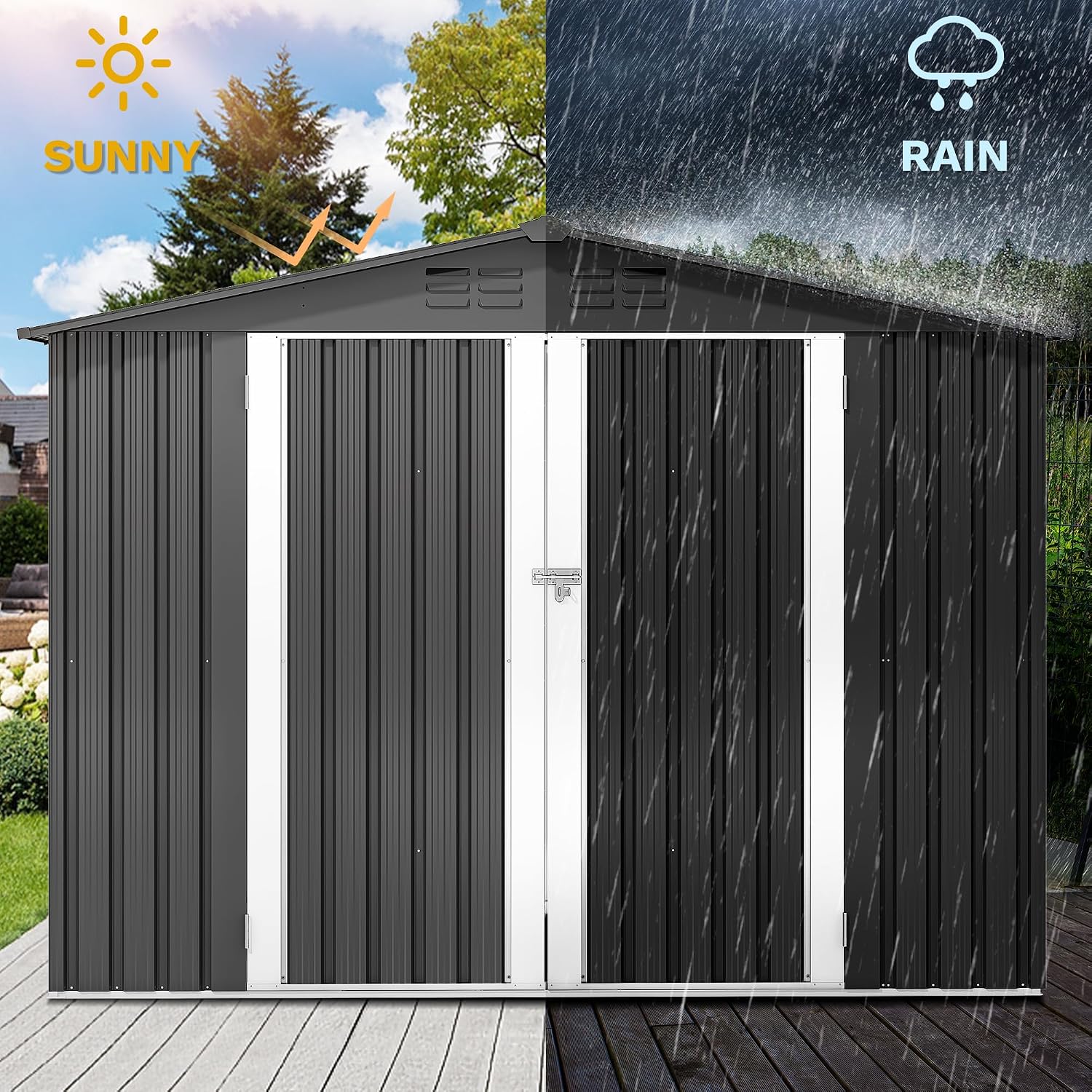 DWVO 8x6FT Outdoor Storage Shelter, Roomy Steel Tool Shed with Secure Entrances & Air Circulation for Patio, Lawn, and Backyard, Ideal for Storing Garden Gear, Lawn Tools, and Bikes, Dark Gray